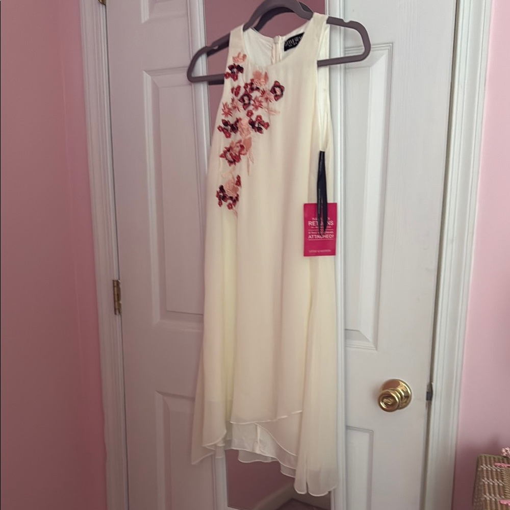 Little Mistress Cream Dress with Red Floral Accents